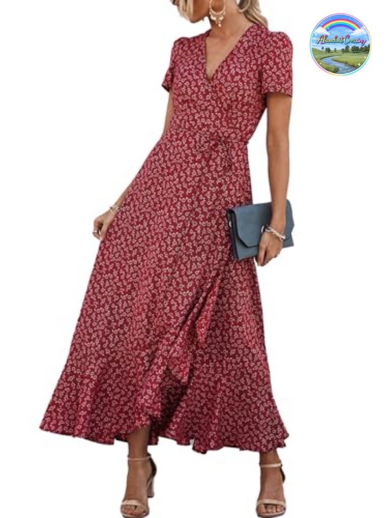 Boho Floral Maxi Dress Wrap V Neck Short Sleeve Long Flowy Ruffle Split